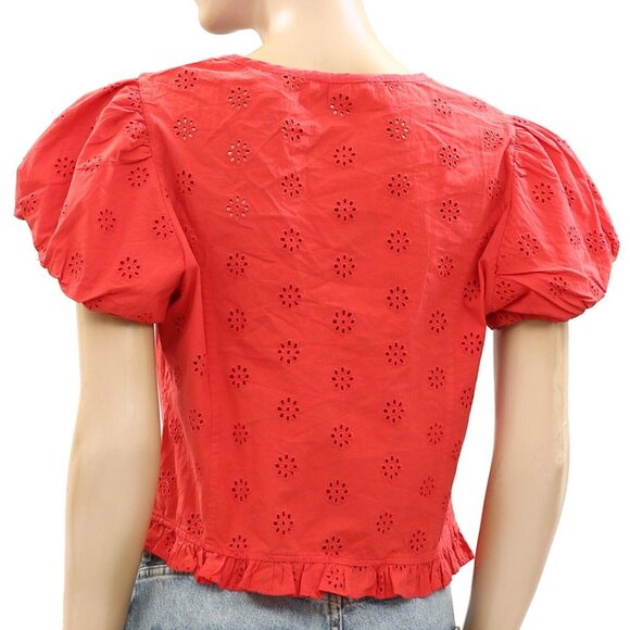 Sandy Liang Cameo Blouse Top Eyelet Embroidered Ruffle Red Cotton M-8 New 270756 - Picture 7 of 8